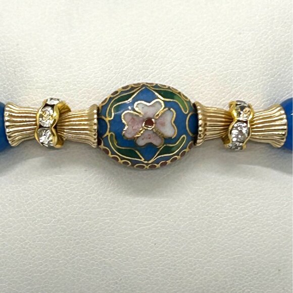 Cloisonné Floral Bracelet With Blue Glass Beads Gold-Tone Accents & Screw Clasp - Picture 2 of 14